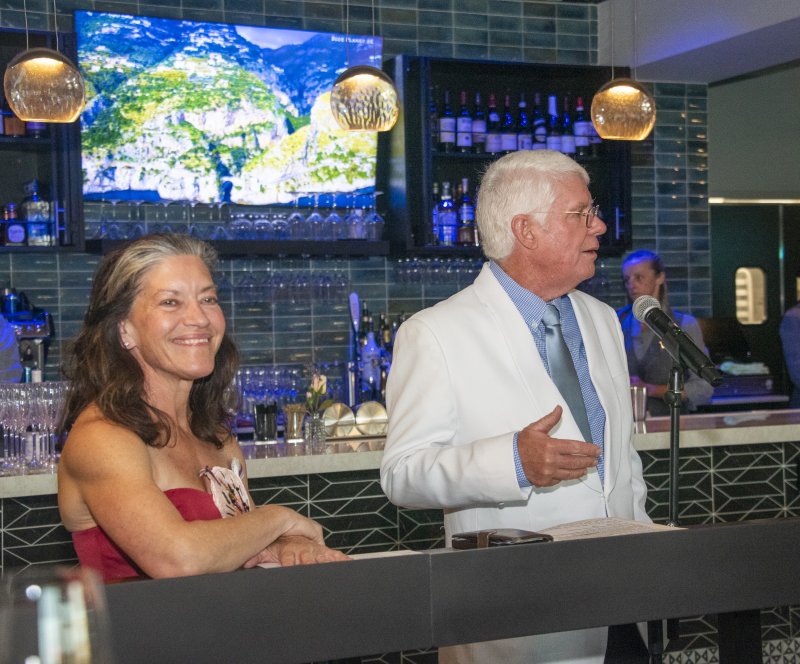Greeting dinner guests are Heidi Nasstrom Evans, Rehoboth Beach Historical Society executive director, and Roger Truitt, board president.